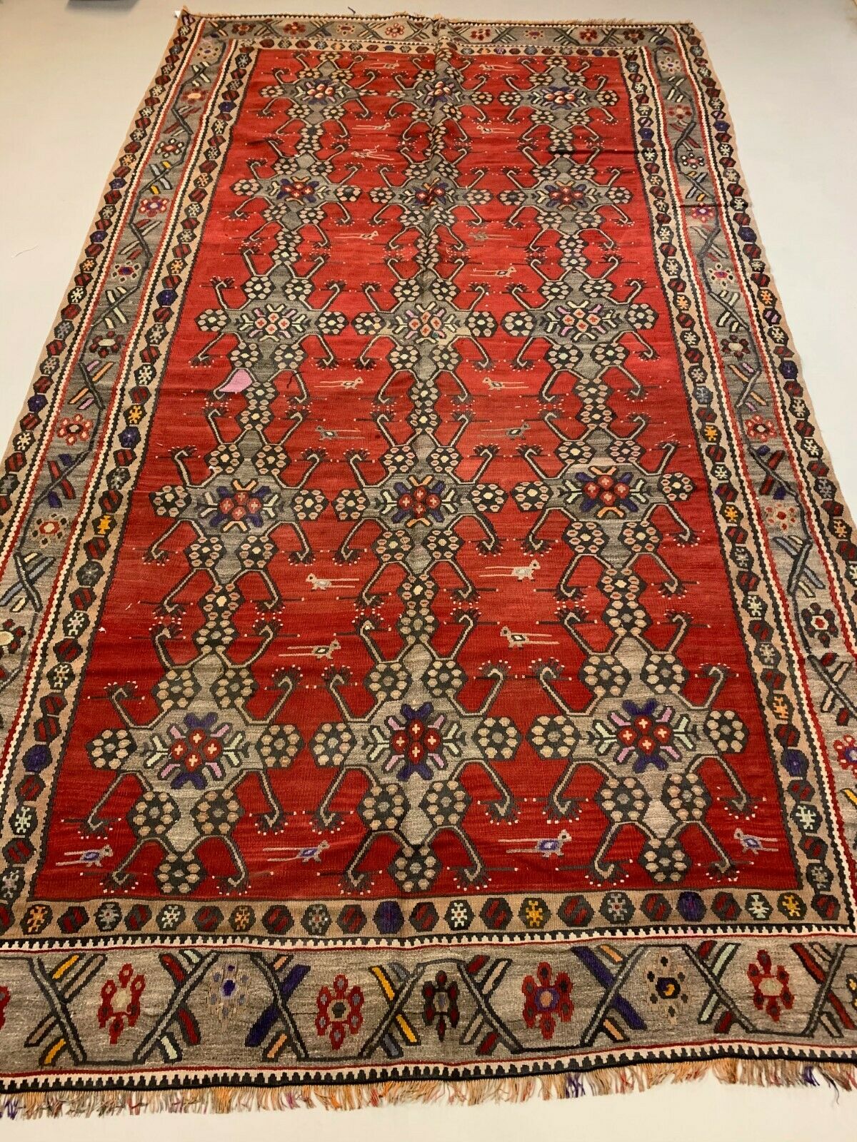 Vintage Turkish Kilim 375x214 cm Kelim Wool Rug Large Red, Black kilimshop.myshopify.com