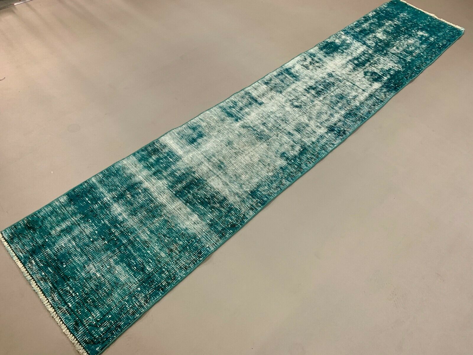 Distressed Turkish Narrow Runner 310x65 cm wool Vintage rug, Overdyed Green kilimshop.myshopify.com