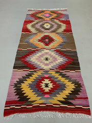 Vintage Turkish Kilim 300x134 cm Wool Kelim Rug Large Wide Runner Red, Black