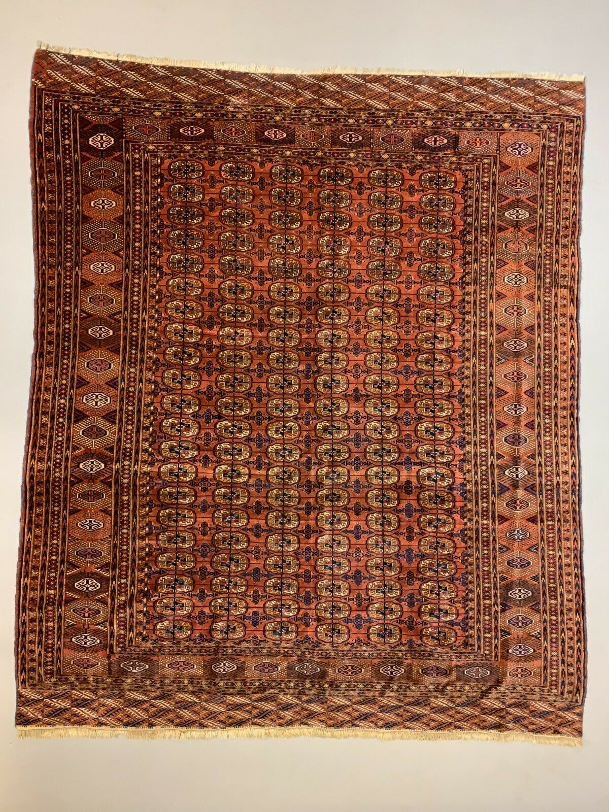 Antique Turkmen Tekke Main Carpet, 290x240 cm Turkoman Bokhara Red Black Beige kilimshop.myshopify.com
