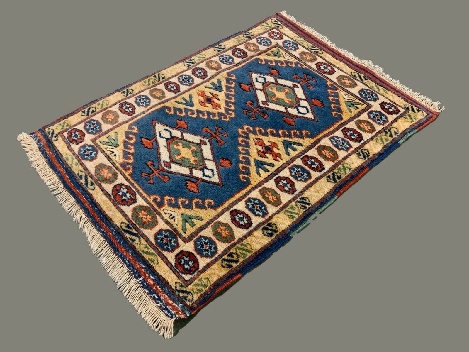 Old Turkish Kazak Rug Oriental 123x95 cm vintage tribal carpet, Red and Blue