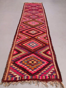 Old Turkish Kilim Runner 350x89 cm, Vintage Kelim Rug, Long and Narrow
