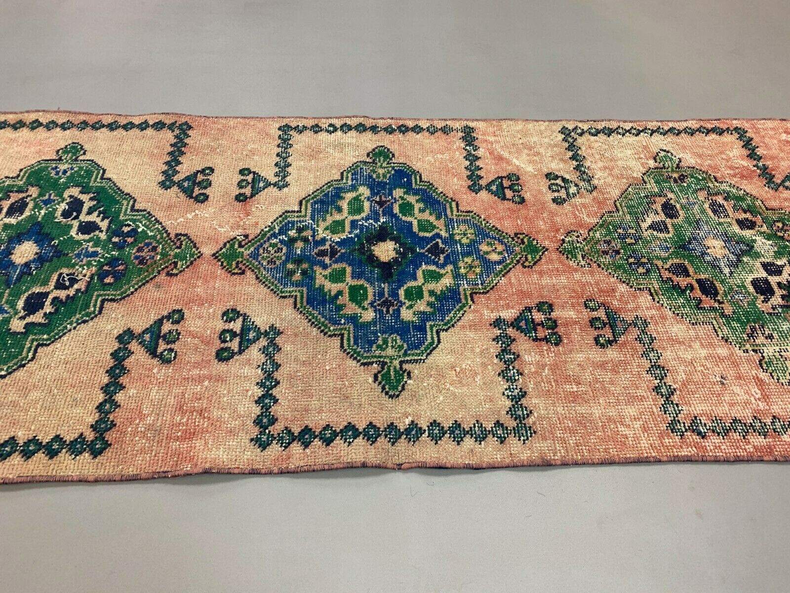 Distressed Turkish Runner 360x79 cm wool Vintage Tribal Rug Pink Green kilimshop.myshopify.com