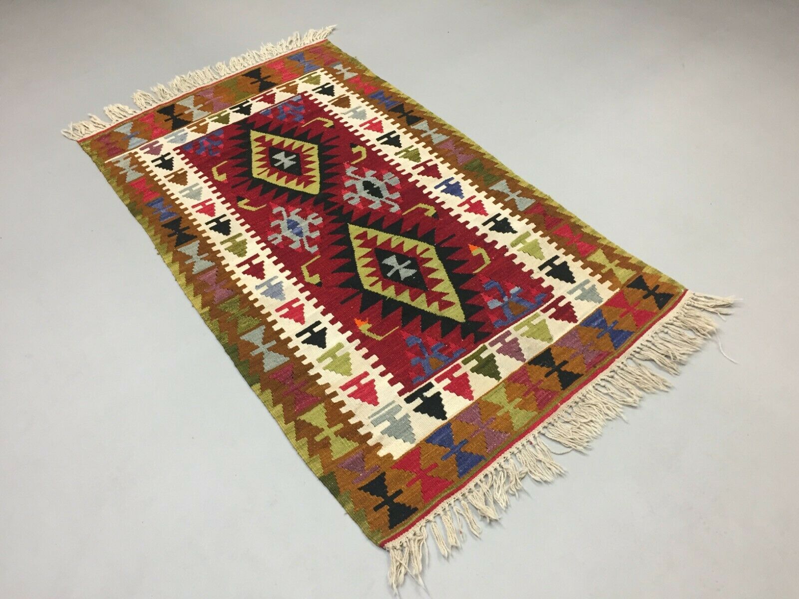 Vintage Turkish Kilim 180x96 cm Wool Kelim Rug Red Brown Green Beige Medium