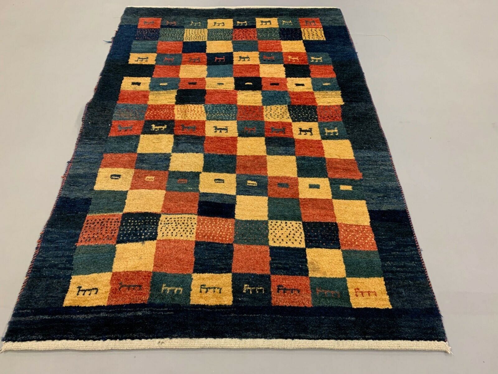 Old Gabbeh Rug 185x125 cm vintage carpet, Tribal Handwoven Blue Red Zollanvari