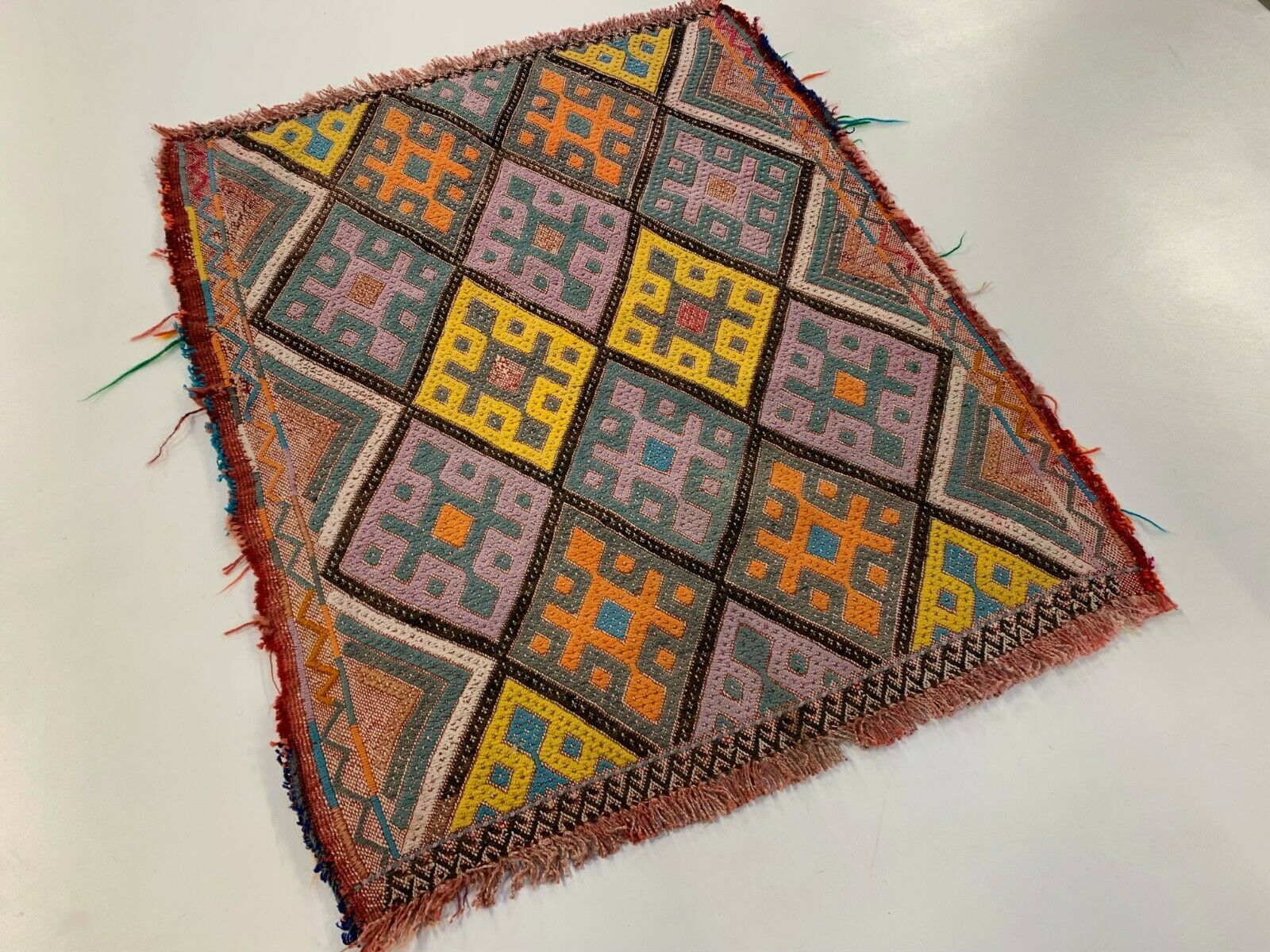 Vintage Turkish Mini Kilim 70x56 cm Shabby Wool Small Kelim Rug, Red Brown Gold