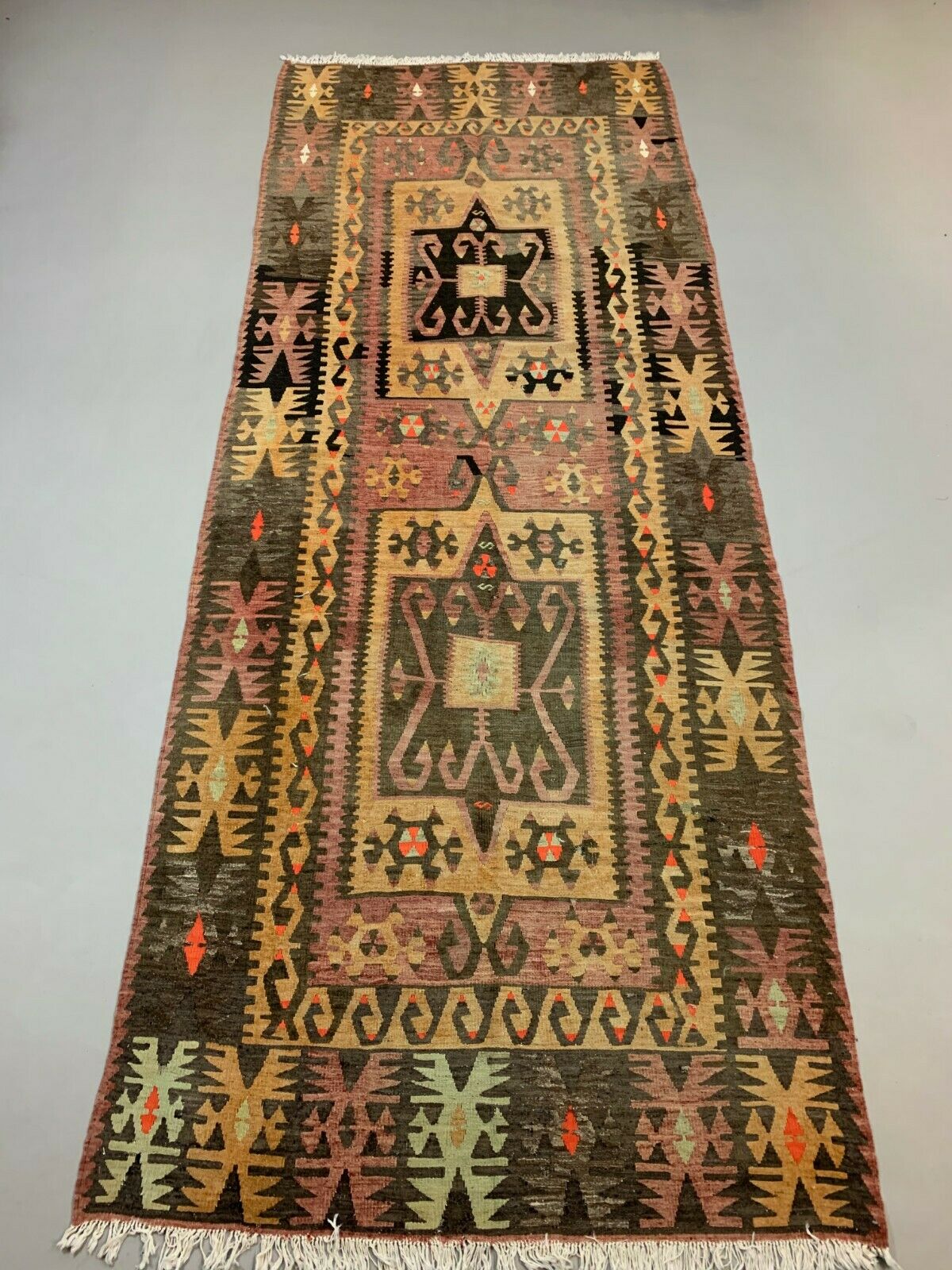Vintage Turkish Kilim 350x140 cm Wool Kelim Rug Large kilimshop.myshopify.com