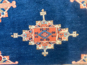 Old Turkish Kazak Rug 140x96 cm vintage tribal carpet, Red and Blue Medium