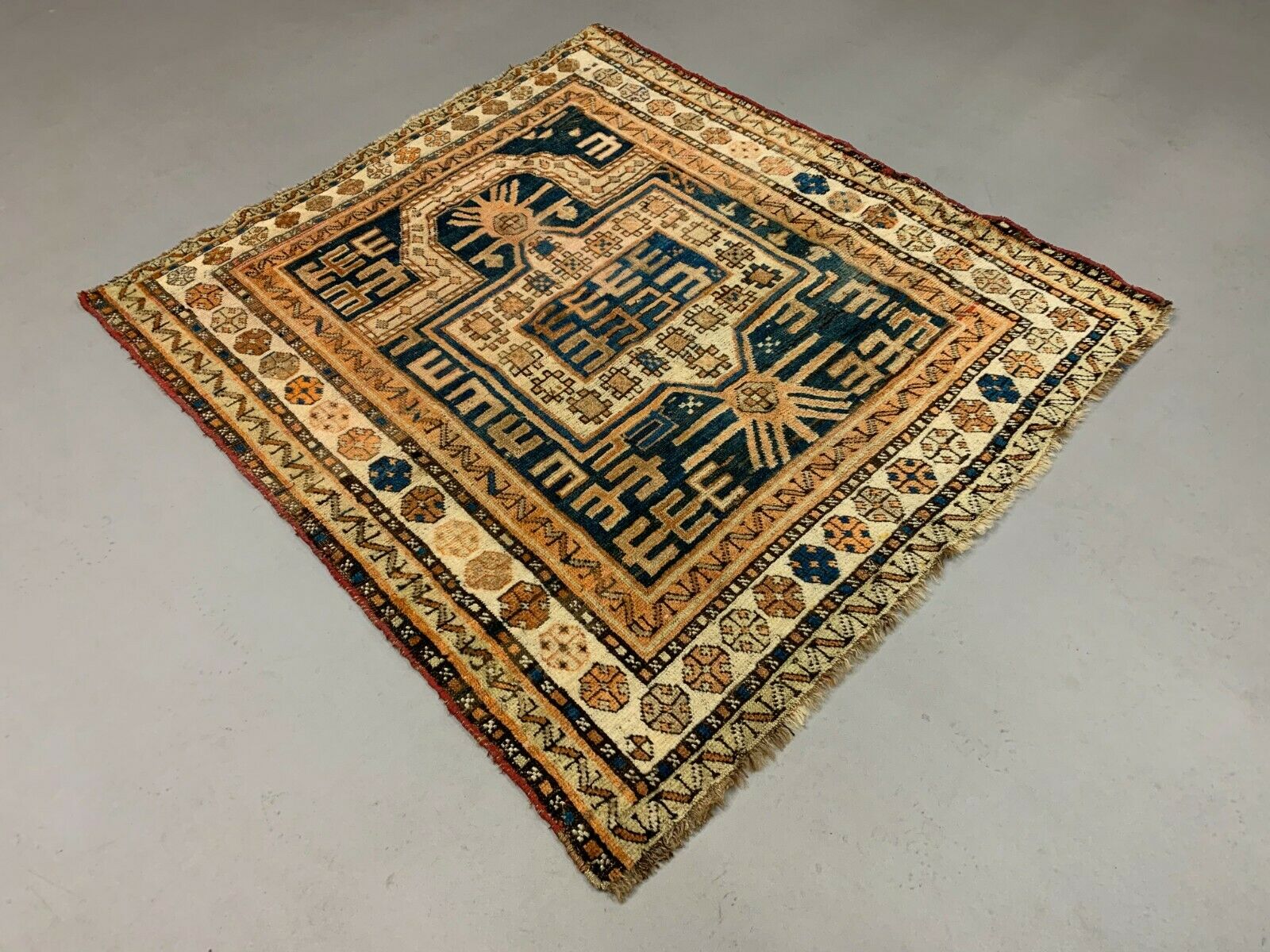 Antique Dagestan Kazak Rug 124x114 cm Caucasian, Gold, Blue, Rust Square Medium