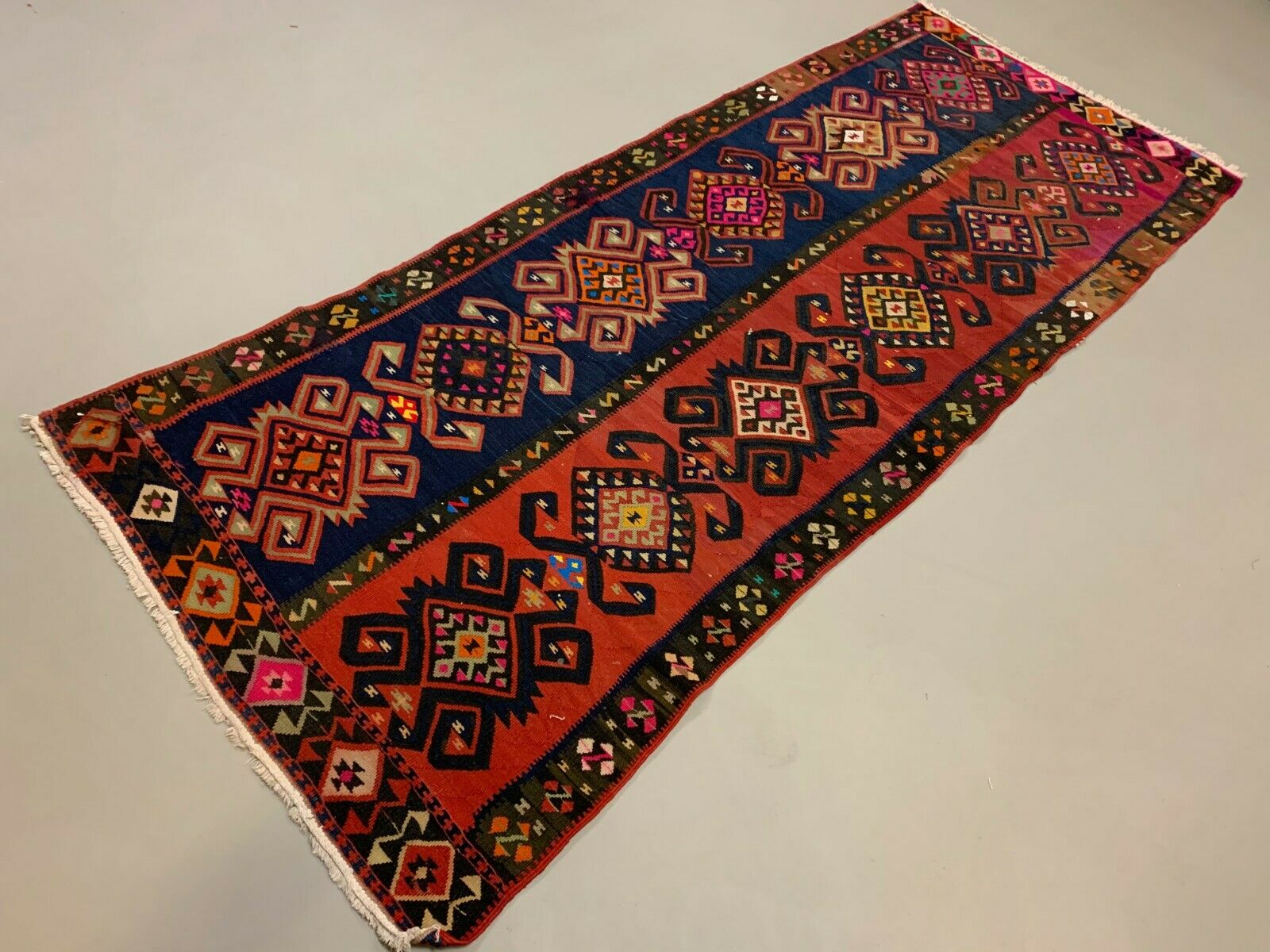 Vintage Turkish Kilim 264x110 cm Wool Kelim Rug Large Red Navy Runner kilimshop.myshopify.com
