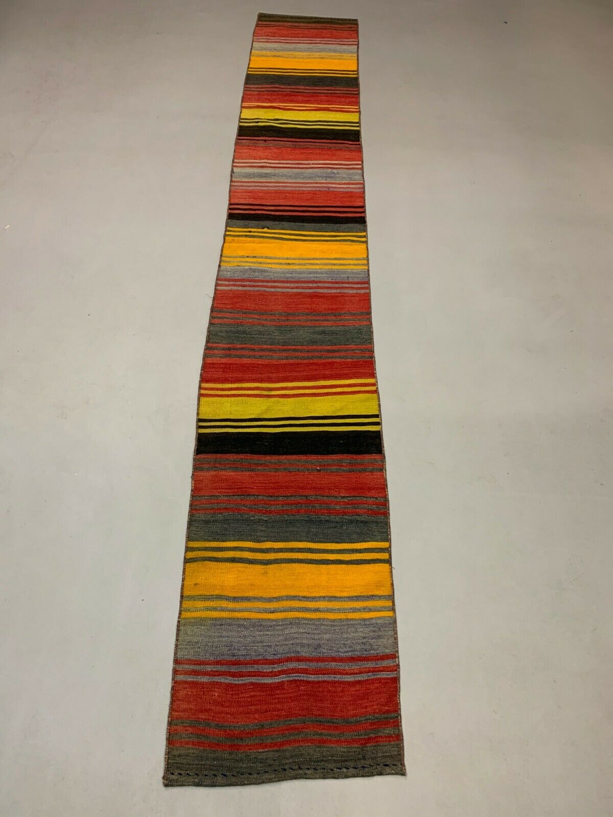 Old Turkish narrow Kilim Runner 322x52 cm, shabby, vintage kelim rug Red, Gold