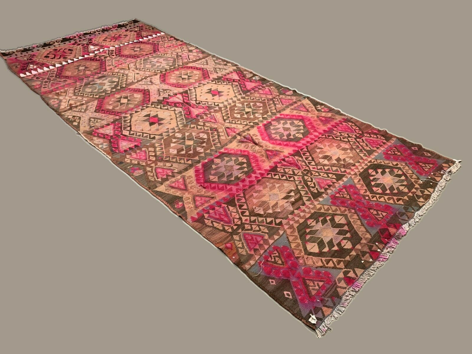 Vintage Turkish Kilim 414x174 cm Wool Kelim Rug Large Pink, Beige, Brown, Black