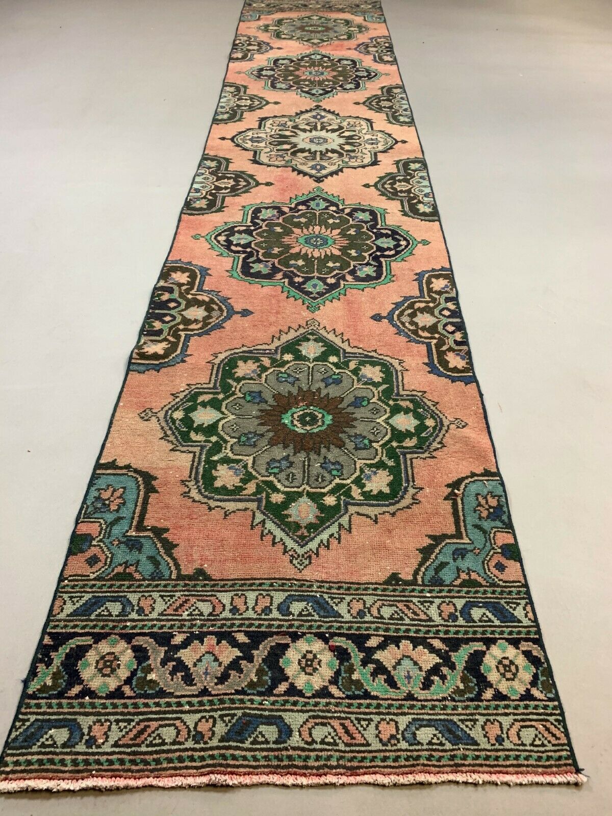 Distressed Turkish Runner 410x80 cm wool Vintage Tribal Rug Pink Green kilimshop.myshopify.com