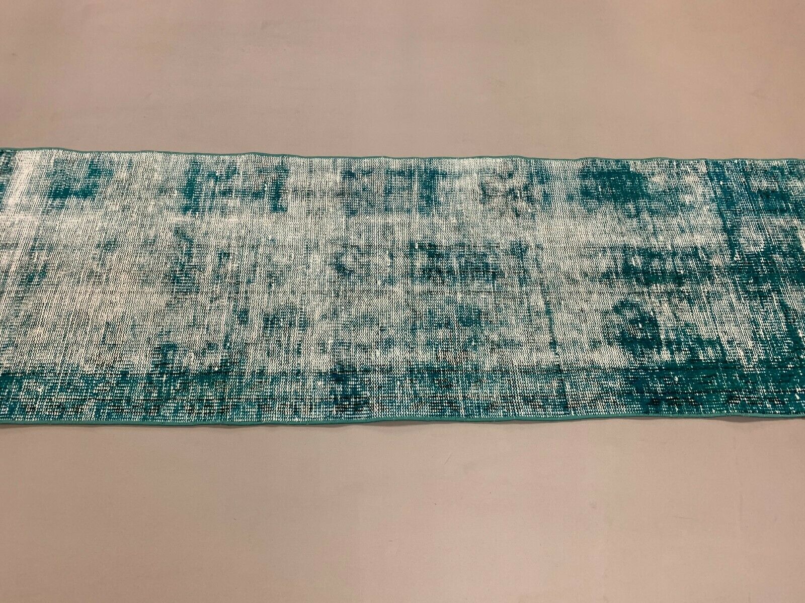 Distressed Turkish Narrow Runner 310x65 cm wool Vintage rug, Overdyed Green kilimshop.myshopify.com