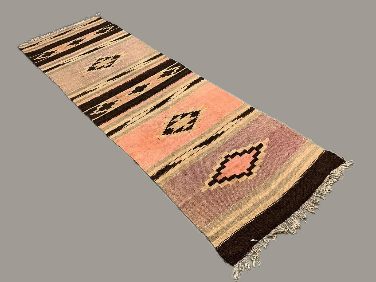 Vintage Turkish Kilim 300x95 cm Wool Kelim Rug Large Pink Beige Brown Runner