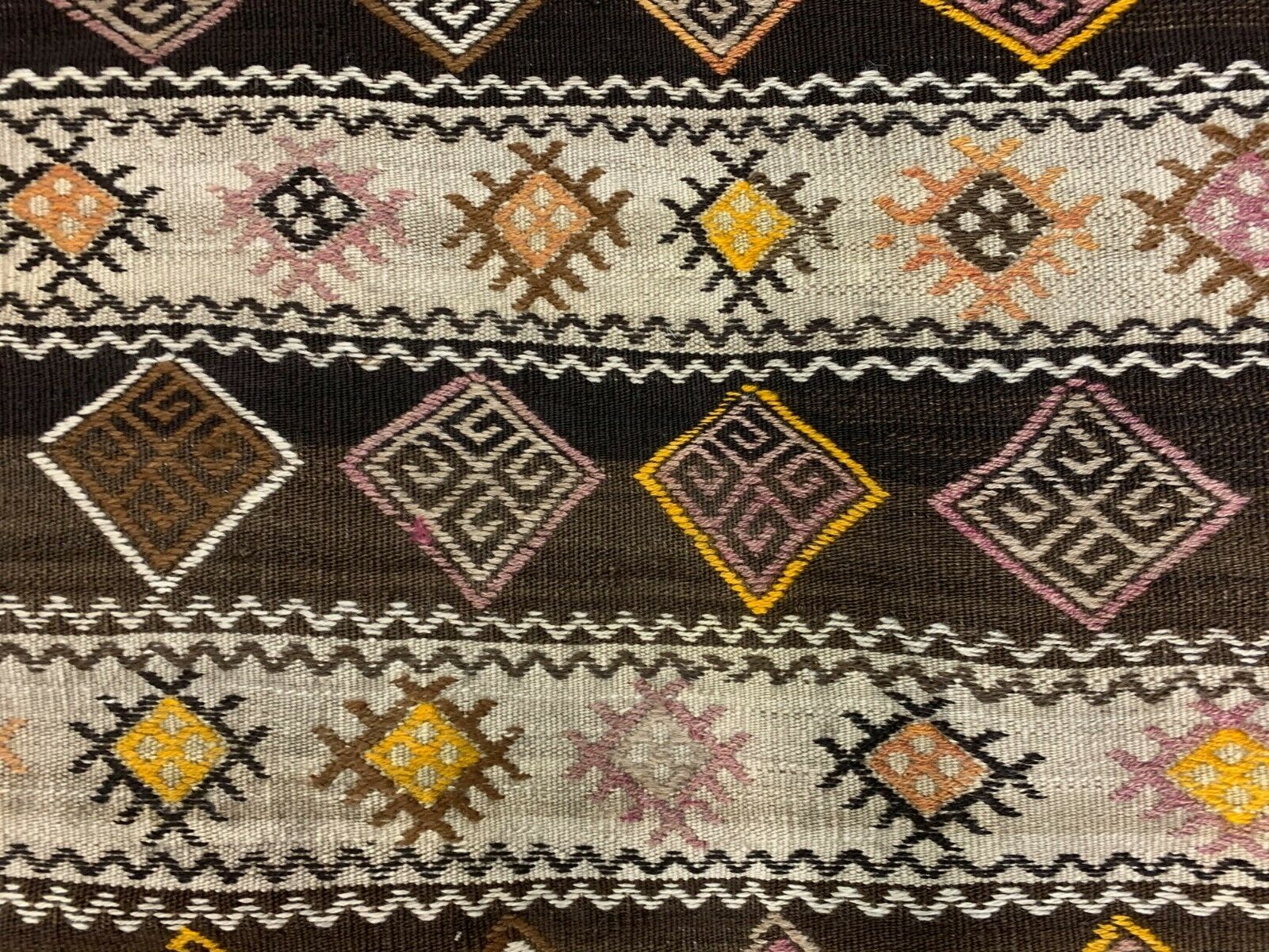 Vintage Turkish Kilim 222x190 cm wool kelim rug Beige, Brown, Black, Large kilimshop.myshopify.com