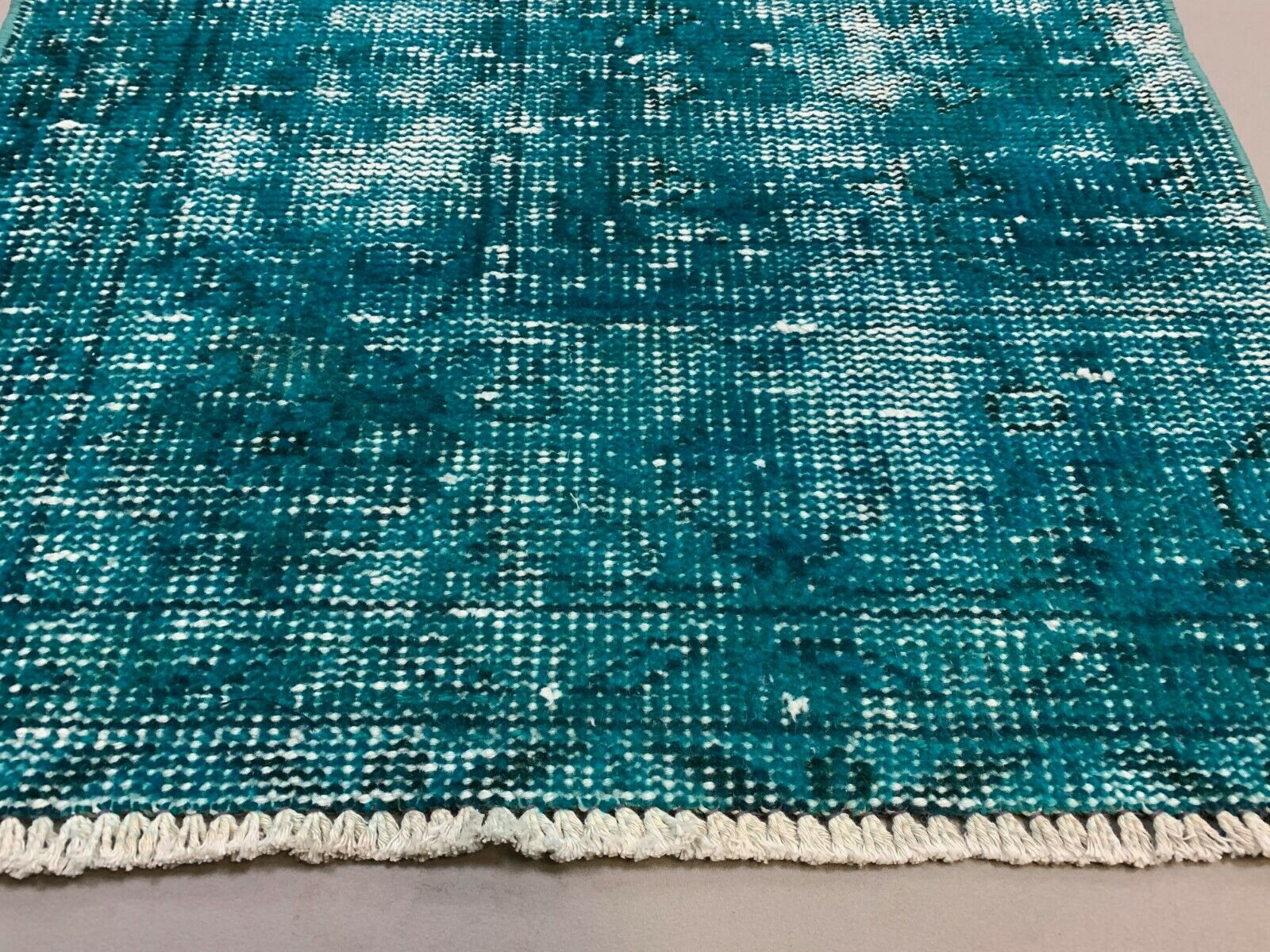 Distressed Turkish Narrow Runner 310x65 cm wool Vintage rug, Overdyed Green kilimshop.myshopify.com