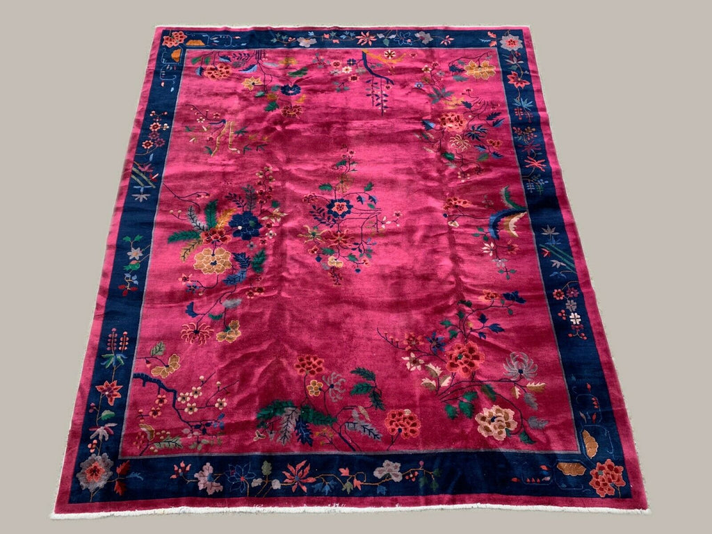 Large Chinese Art Deco Carpet, 290x245 cm, 1920s Wool, Handmade, Pink Blue Rug kilimshop.myshopify.com