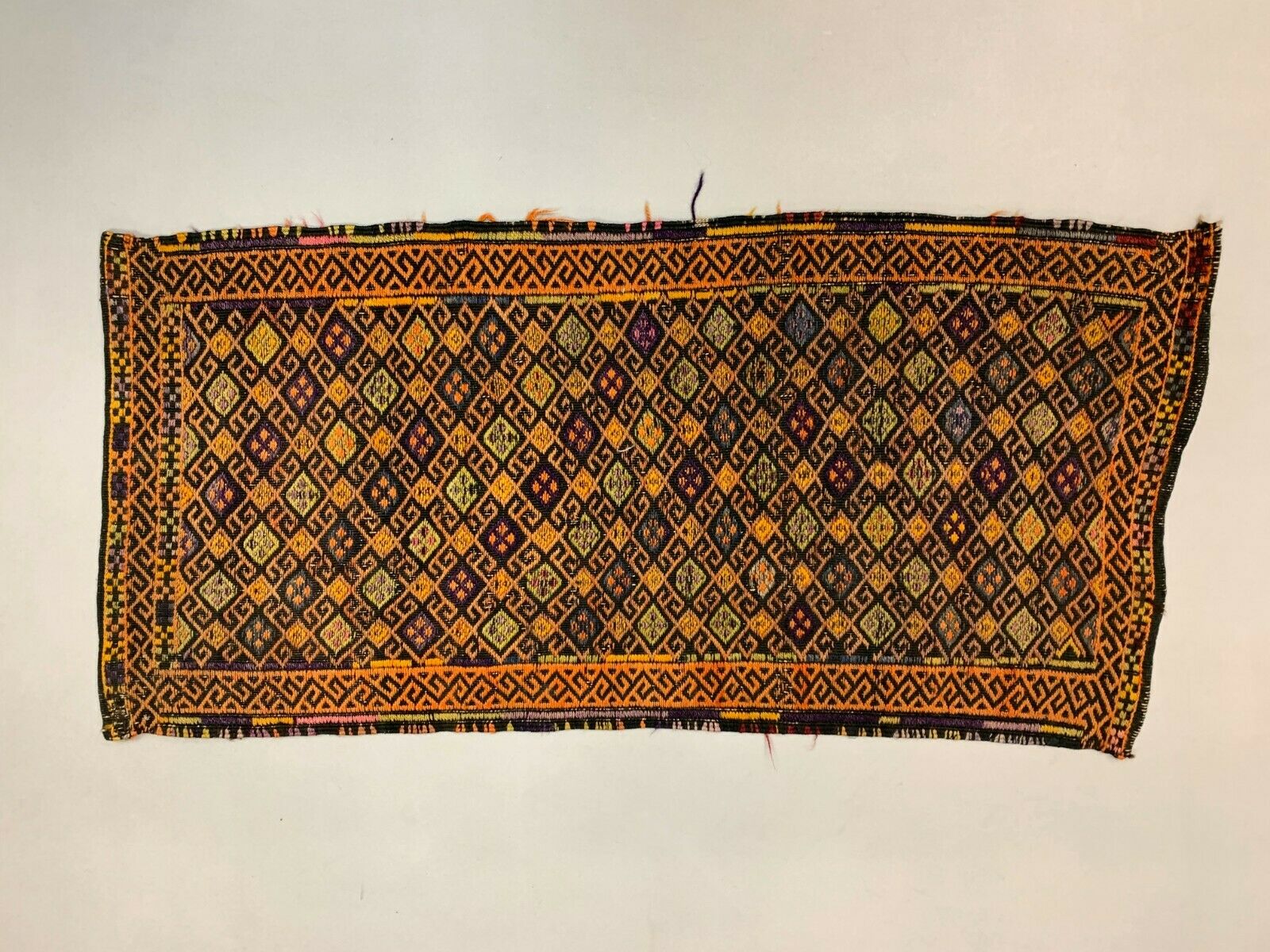 Vintage Turkish Mini Kilim 120x58 cm Shabby Wool Small Kelim Rug, Red Black Gold