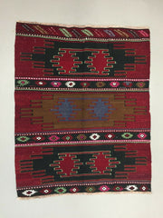 Small Vintage Square Turkish Kilim 123x100 cm Tribal Kelim Rug, Black, Red, Blue