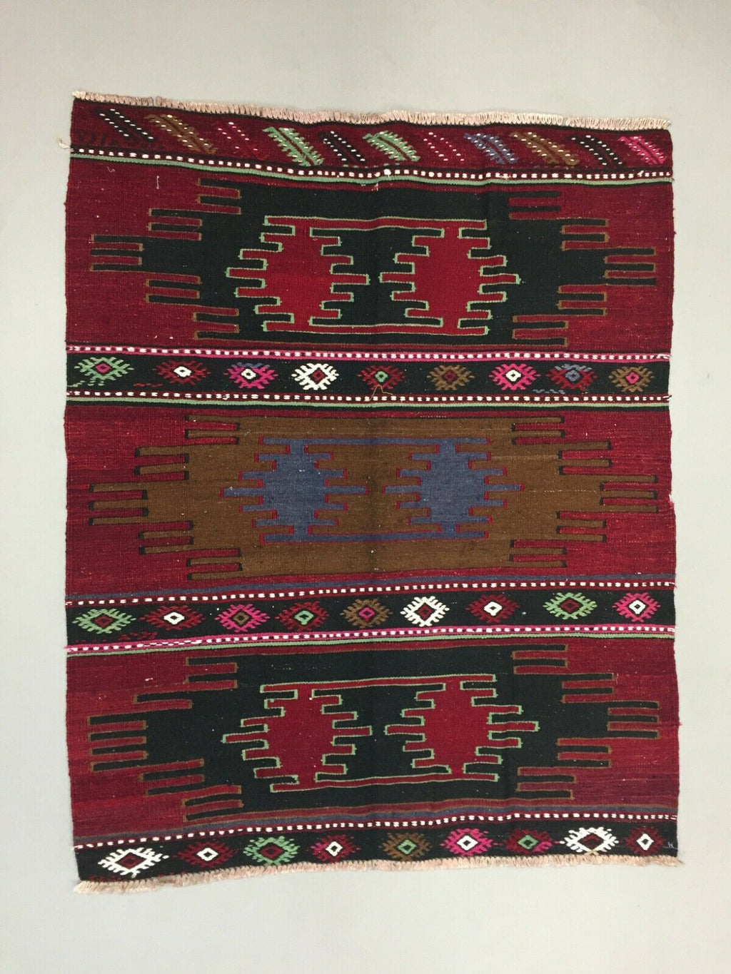 Small Vintage Square Turkish Kilim 123x100 cm Tribal Kelim Rug, Black, Red, Blue