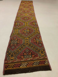 Old Turkish narrow Kilim Runner 315x51 cm, shabby chic, vintage kelim Red Black