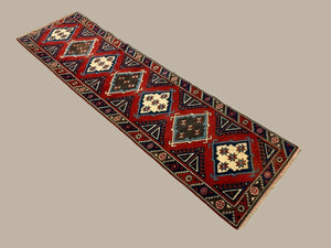Vintage Turkish Runner 276x75 cm Tribal Rug, Red, Beige, Blue