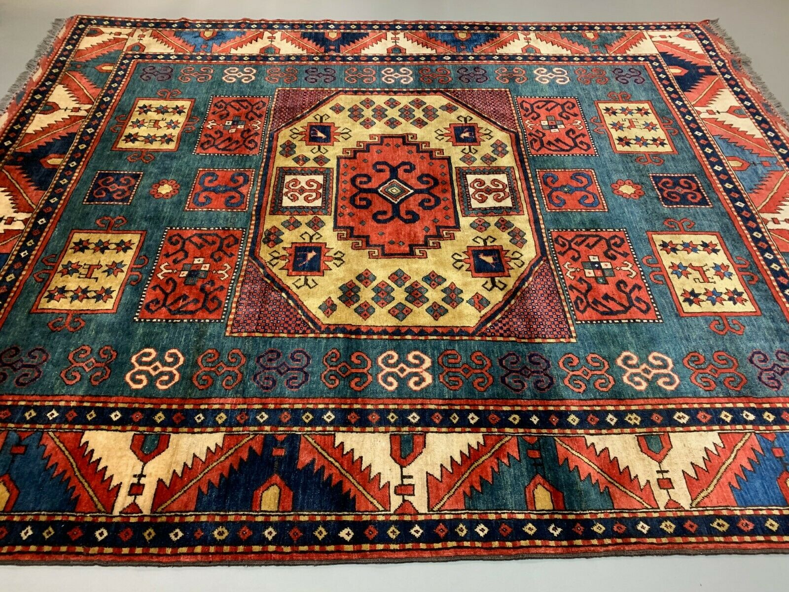 Vintage Kazak Rug 300x238 cm Afghan Large, Green Blue Red  Caucasian Karachoph kilimshop.myshopify.com