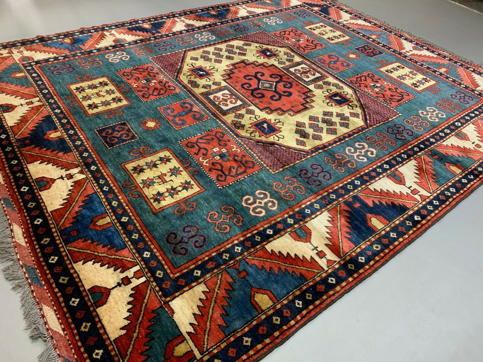 Vintage Kazak Rug 300x238 cm Afghan Large, Green Blue Red  Caucasian Karachoph kilimshop.myshopify.com