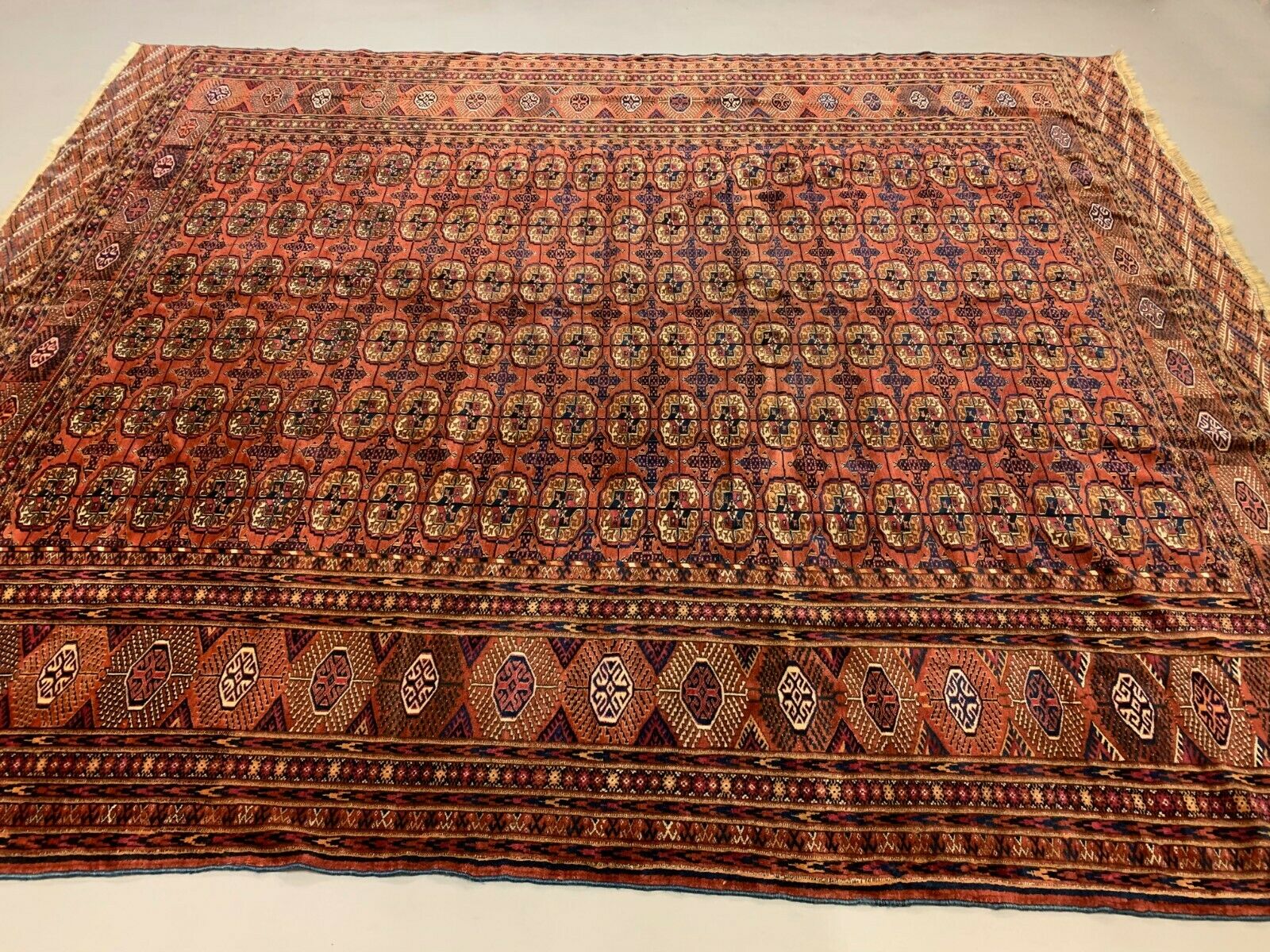 Antique Turkmen Tekke Main Carpet, 290x240 cm Turkoman Bokhara Red Black Beige kilimshop.myshopify.com