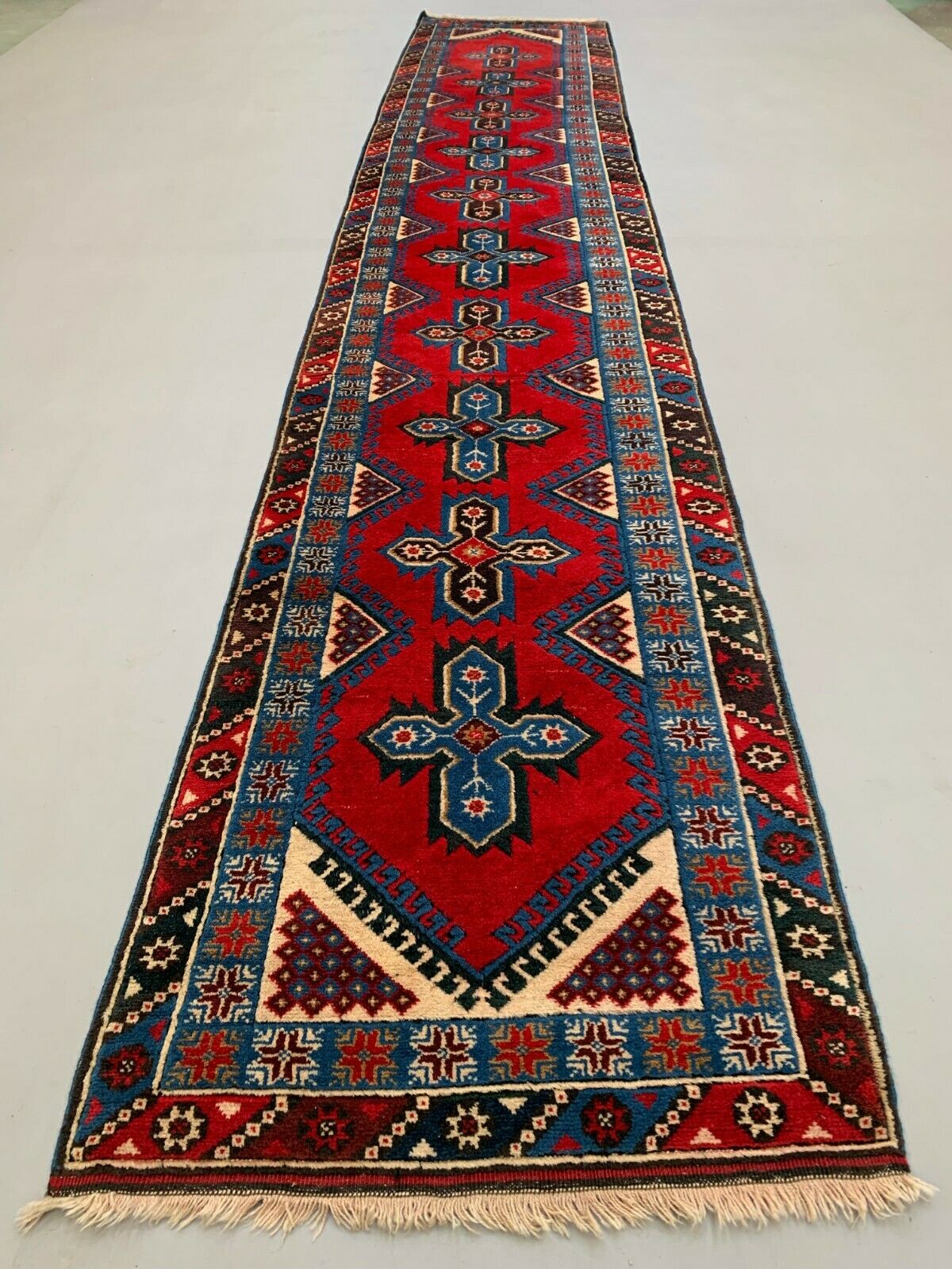 Very Long Turkish Runner 490x88 cm Tribal Rug, Red, Beige, Blue, Vintage