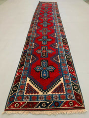Very Long Turkish Runner 490x88 cm Tribal Rug, Red, Beige, Blue, Vintage