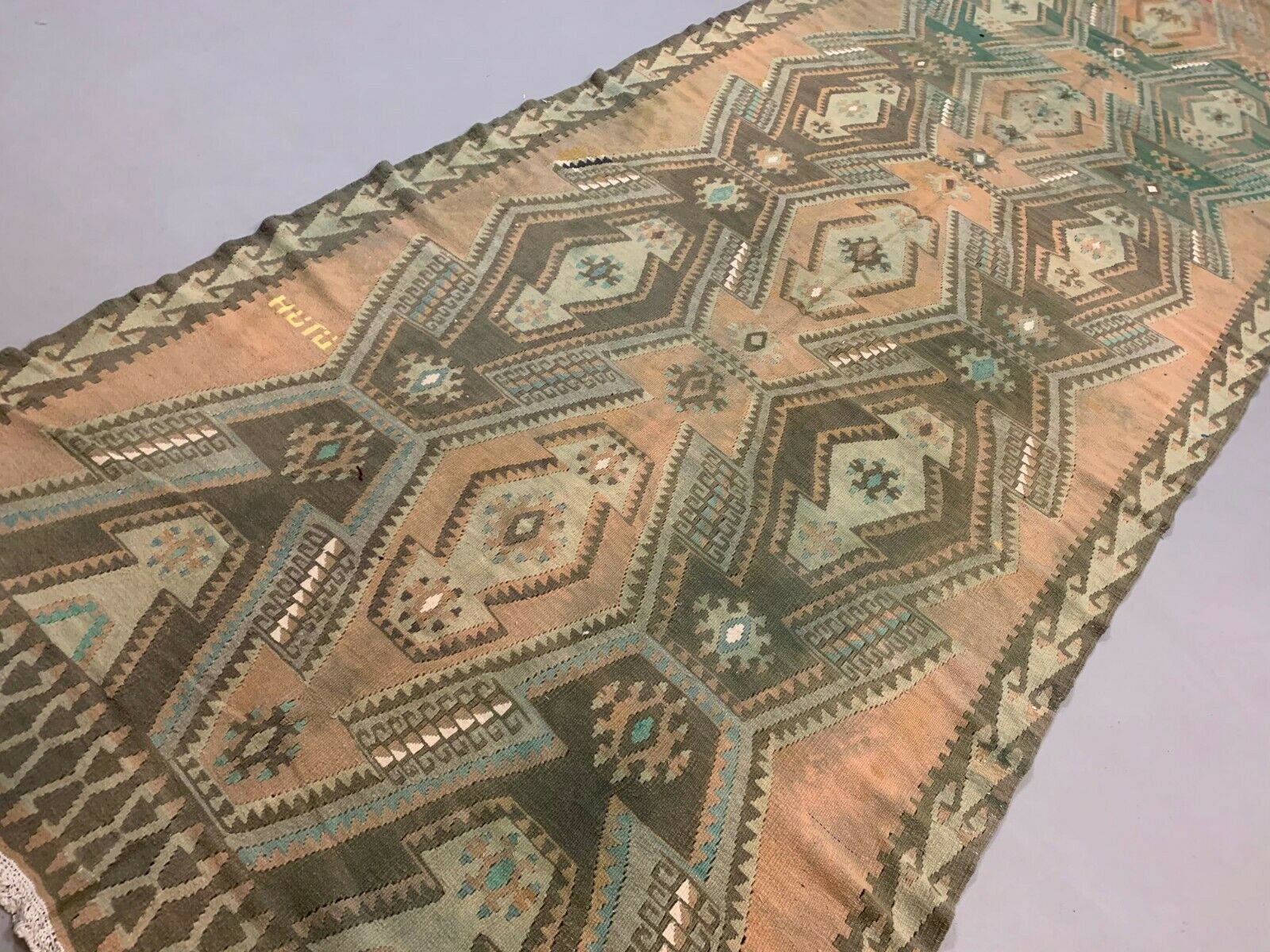 Vintage Turkish Kilim 405x136 cm Wool Kelim Rug Large Runner kilimshop.myshopify.com