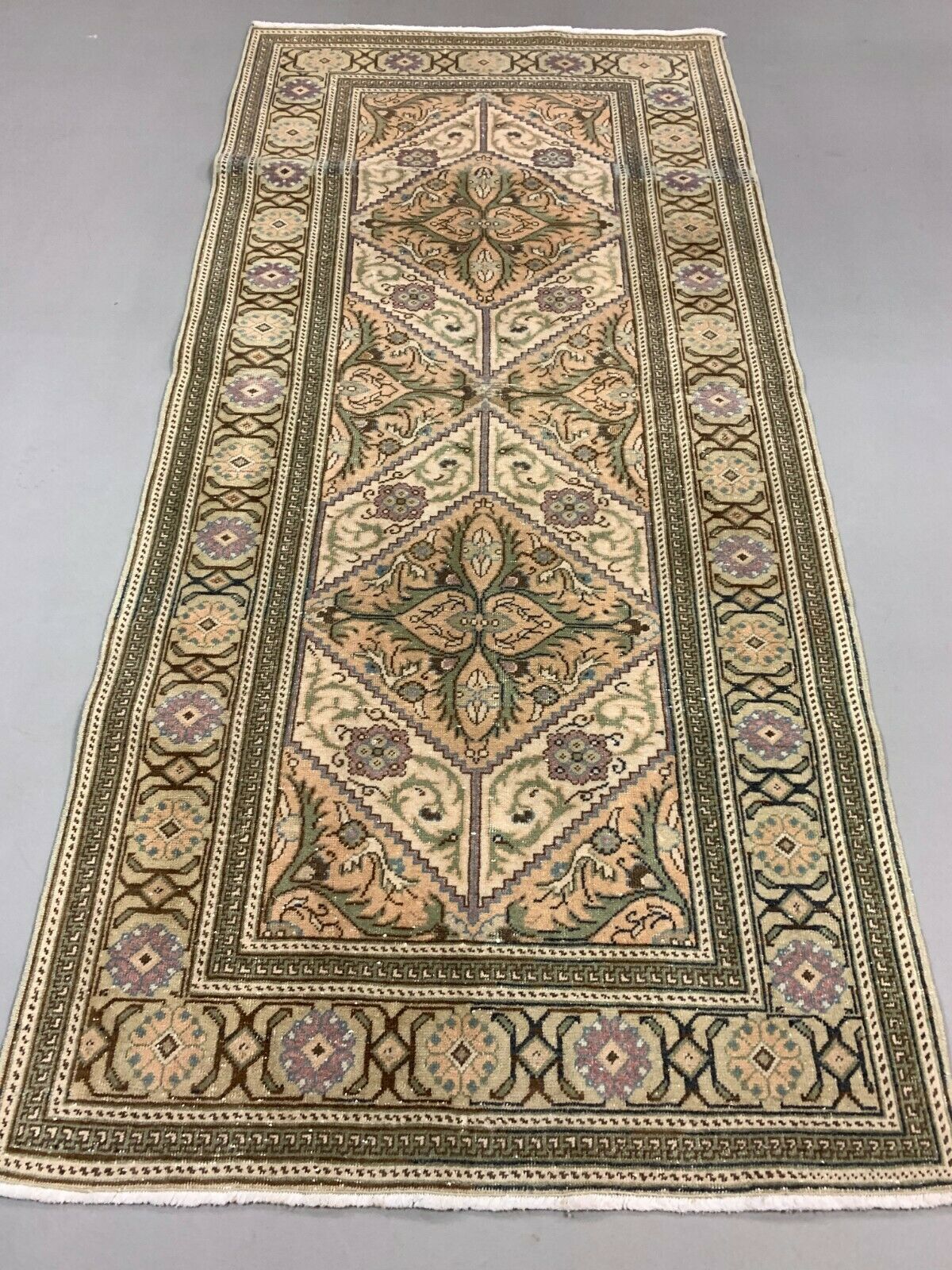 Distressed Turkish Rug 196x92 cm wool Vintage shabby Chic Runner Green, Beige kilimshop.myshopify.com