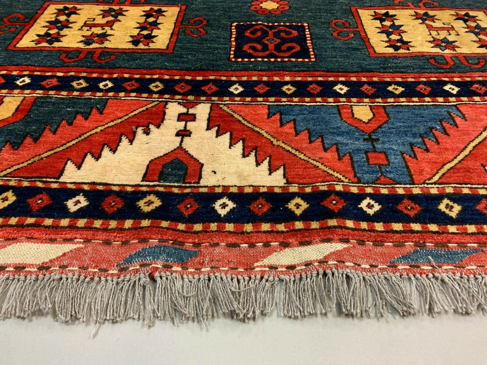 Vintage Kazak Rug 300x238 cm Afghan Large, Green Blue Red  Caucasian Karachoph kilimshop.myshopify.com