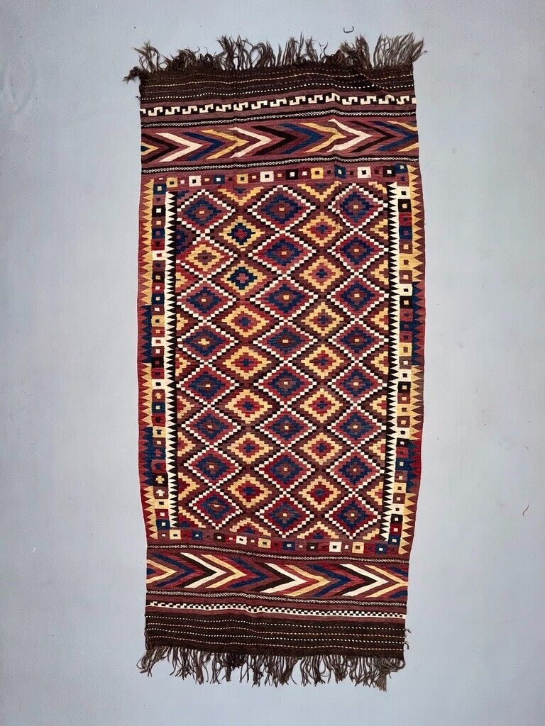 Vintage Afghan Tribal Kilim Wool Rug 390x185 cm Red, Orange, Brown, Black Large