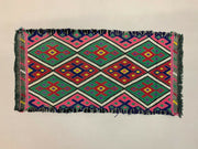 Vintage Turkish Mini Kilim 83x42 cm Shabby Wool Small Kelim Rug Pink Red Green