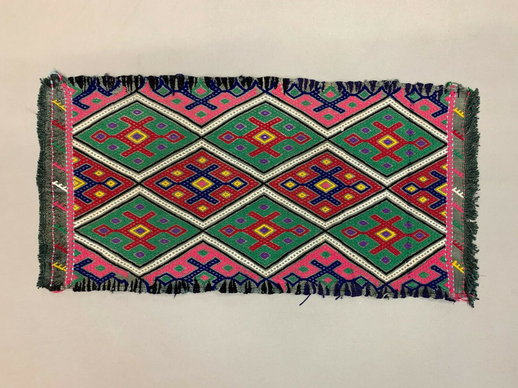 Vintage Turkish Mini Kilim 83x42 cm Shabby Wool Small Kelim Rug Pink Red Green