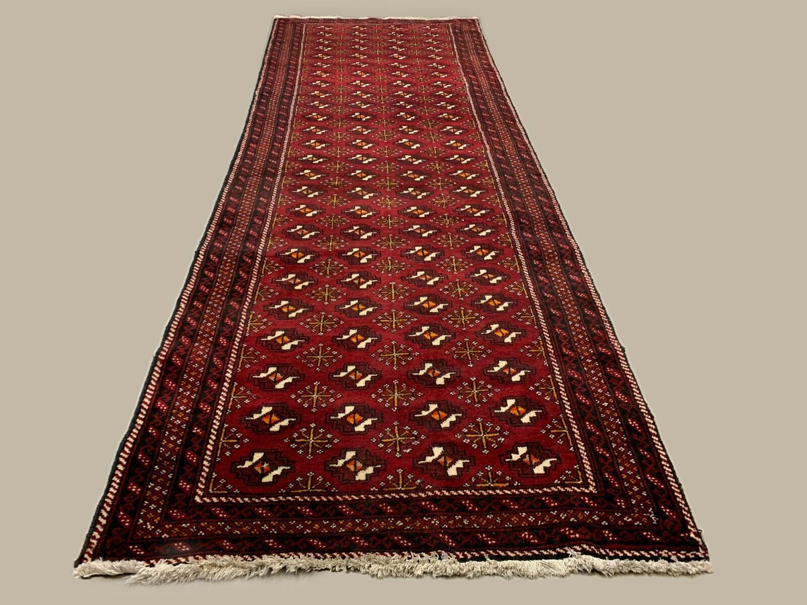 Vintage Turkoman Runner 303x104 cm Tribal Wool Rug, Red, Black