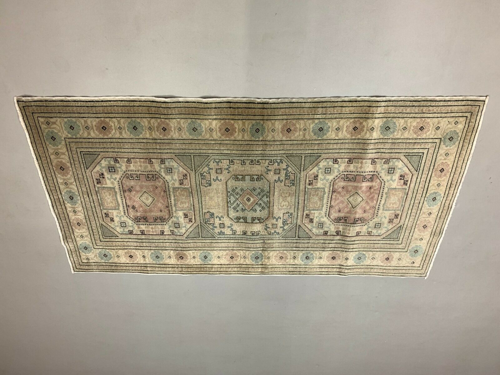 Distressed Turkish Rug 193x100 cm wool Vintage shabby Chic Tribal Blue, Beige kilimshop.myshopify.com