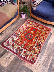 Vintage Western Turkish Rug Oriental 110x73 cm Tribal Small Carpet, Red