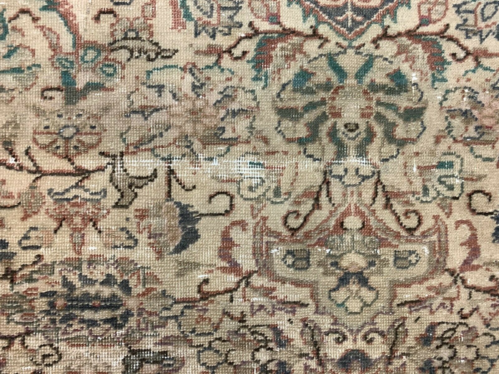 Distressed Turkish Rug 247x127 cm wool Vintage shabby Chic Runner Green, Beige kilimshop.myshopify.com