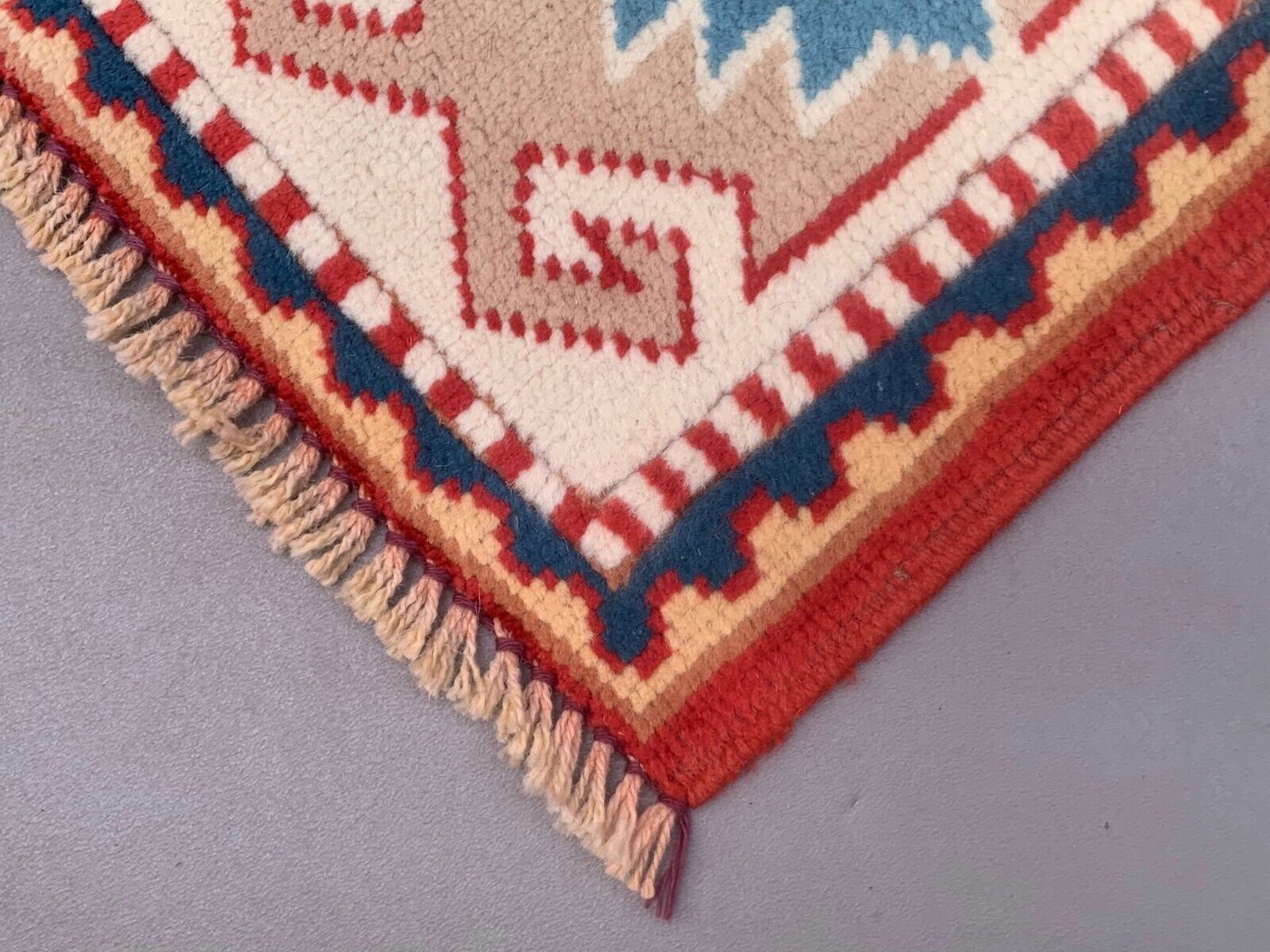 Old Turkish Kazak Rug 140x83 cm vintage tribal carpet, Red and Blue Medium