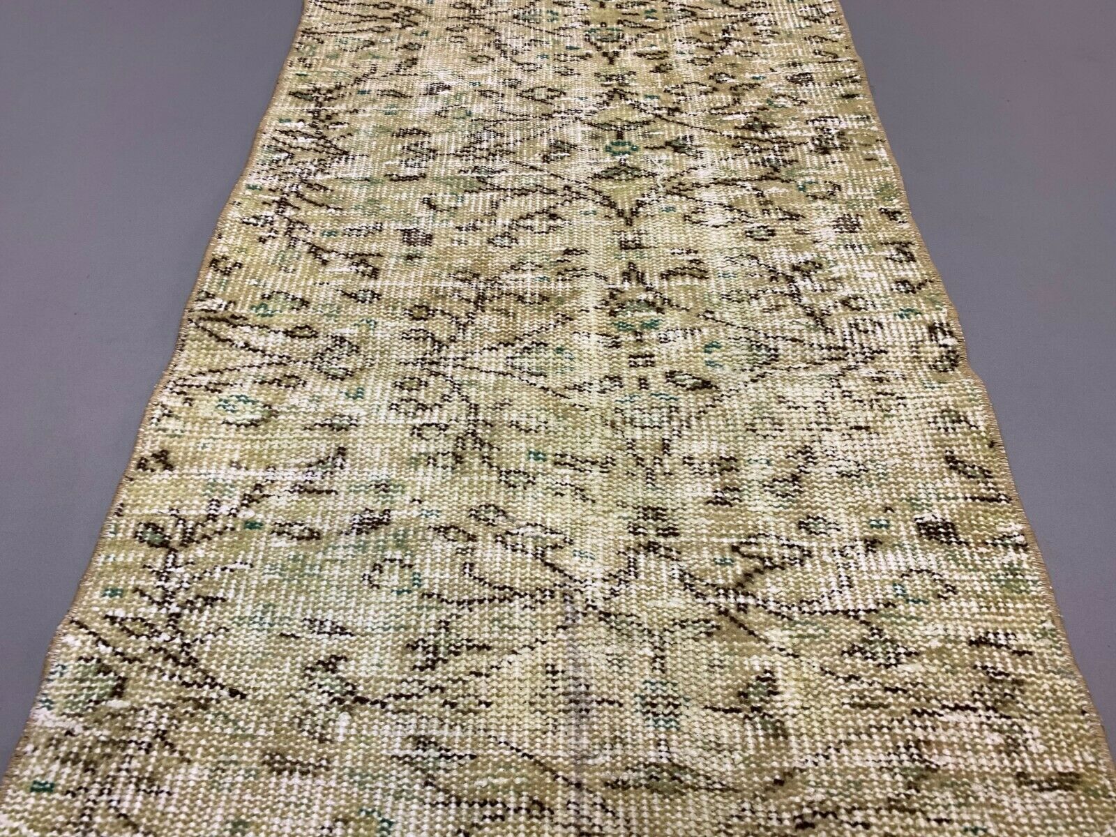 Distressed Turkish Narrow Runner 267x63 cm wool Vintage rug, Overdyed Yellow kilimshop.myshopify.com