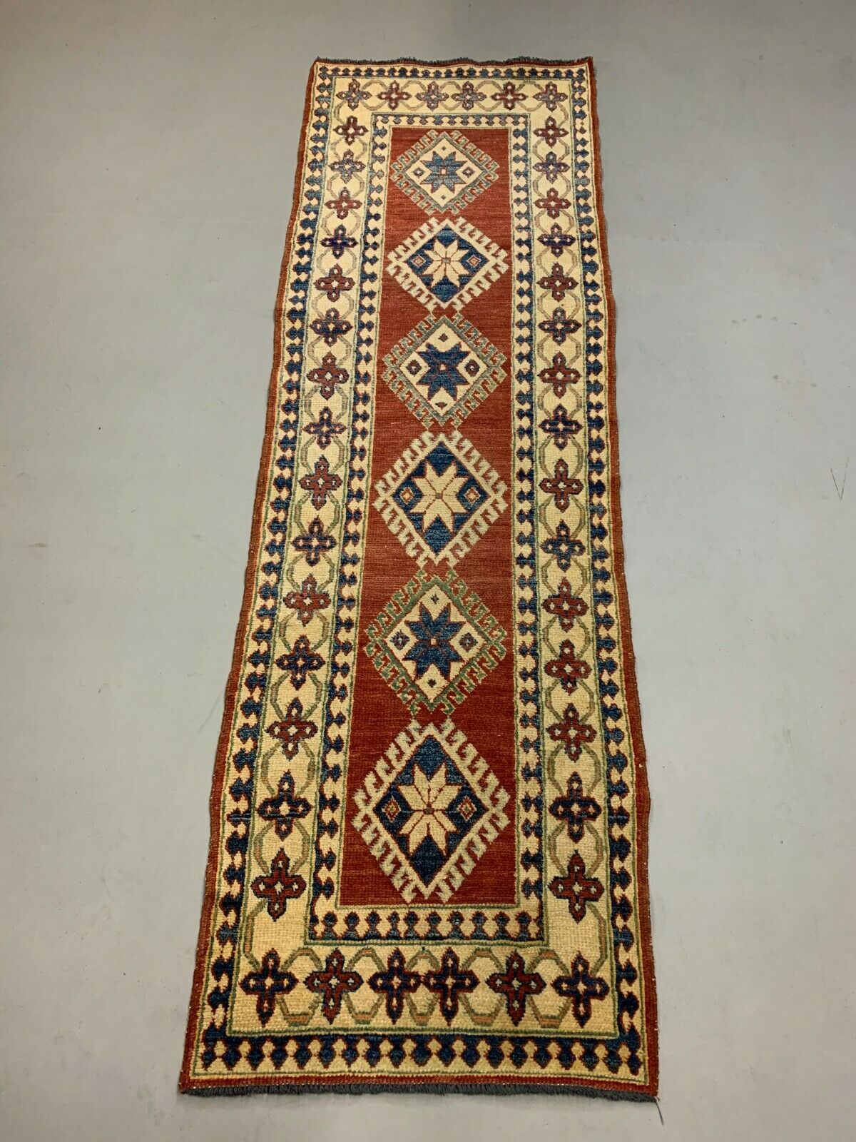 Narrow Kazak Runner, 216x85 cm, Afghan Chobi Vintage Style, Blue, Red, Beige