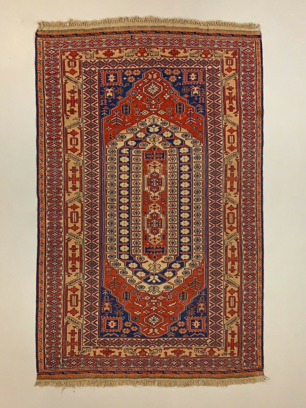 Vintage Afghan Soumak Kilim 245x153 cm, Kelim Rug cm Large Red, Blue, Beige kilimshop.myshopify.com