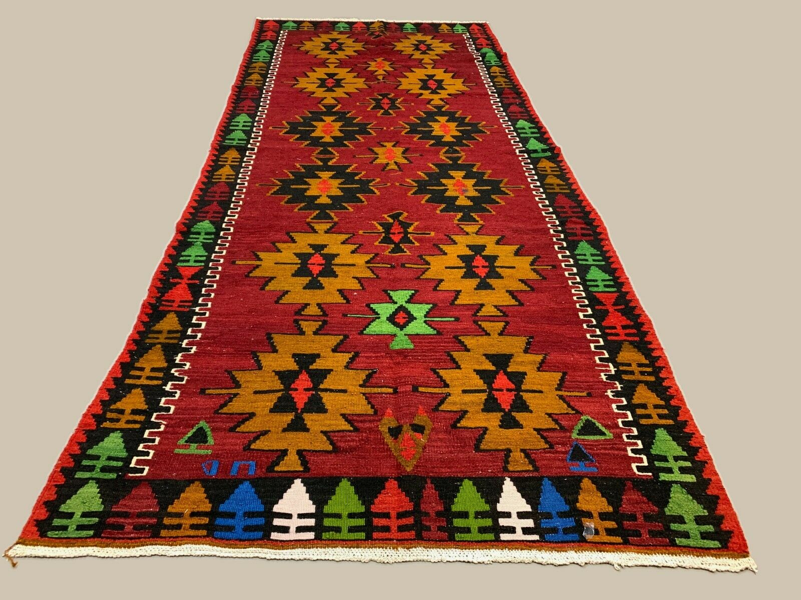 Vintage Turkish Kilim 283x121 cm Wool Kelim Rug Large Red Black Purple Runner