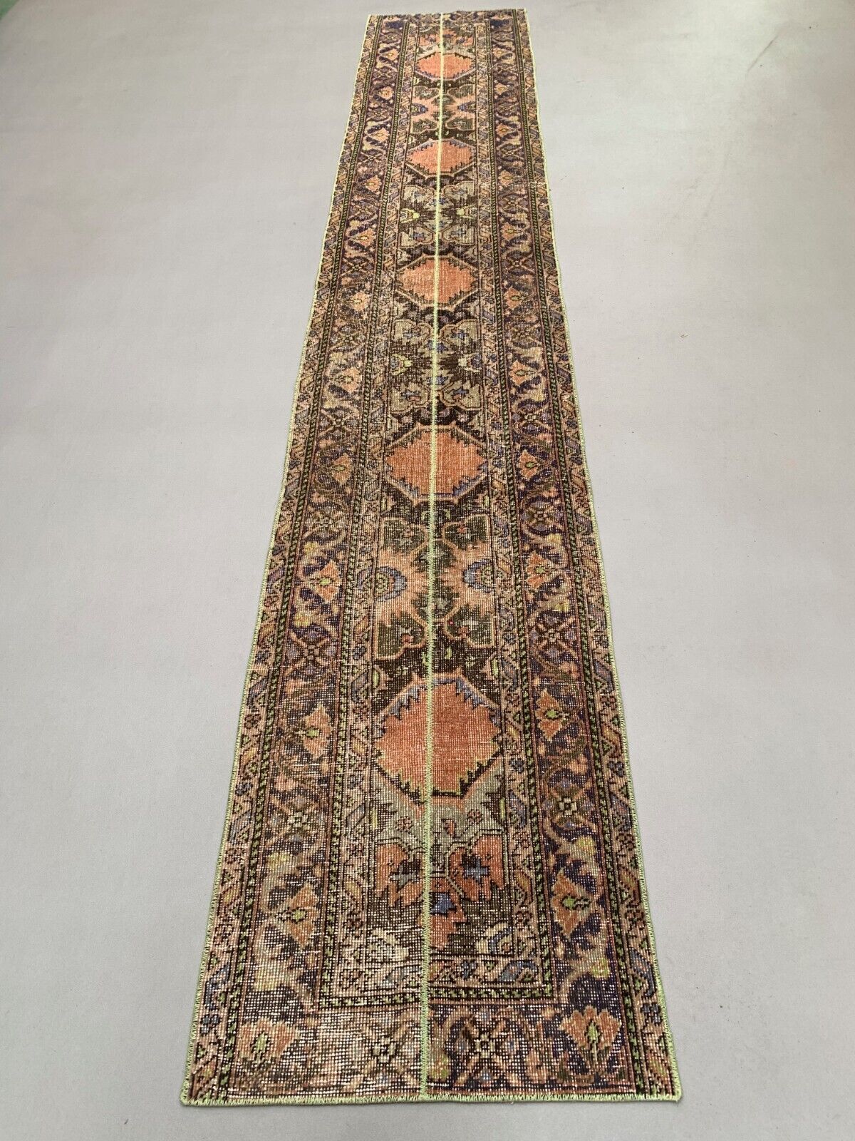 Distressed Turkish Narrow Runner 383x66 cm wool Vintage Tribal Rug