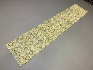 Distressed Turkish Narrow Runner 266x56 cm wool Vintage rug, Overdyed Yellow kilimshop.myshopify.com