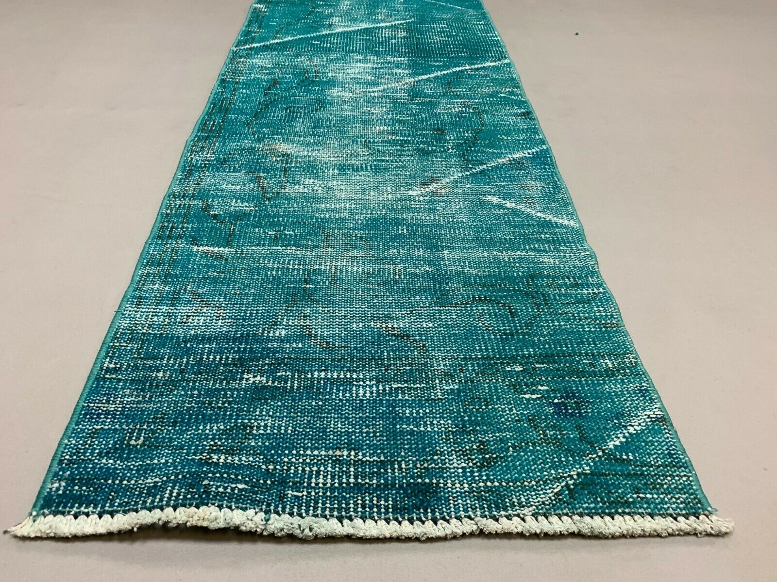 Distressed Turkish Narrow Runner 255x55 cm wool Vintage rug, Overdyed Blue kilimshop.myshopify.com